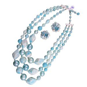 Vintage Blue Multi Strand Chunky Beaded Necklace JAPAN Matching Earrings
